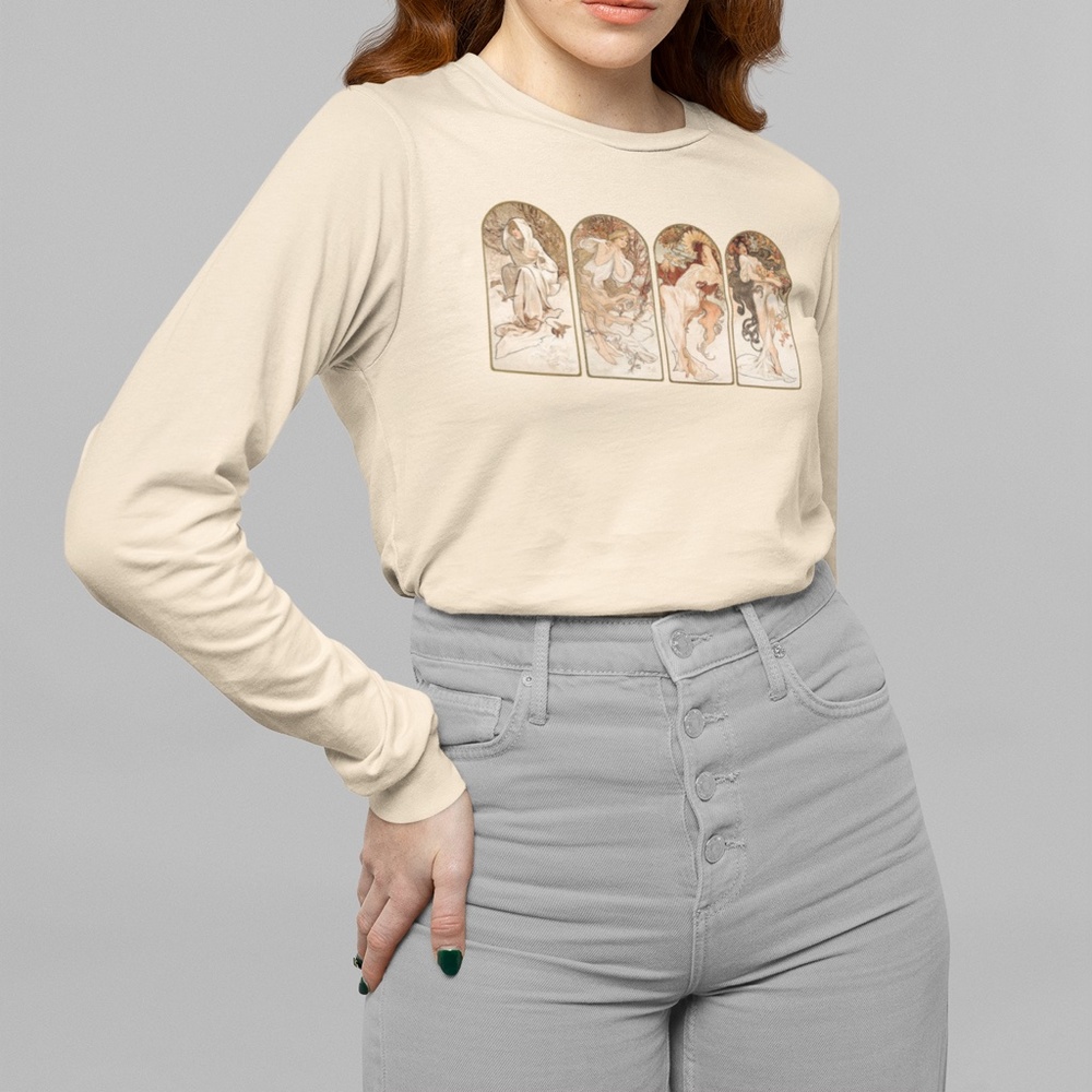 The Seasons Vintage Art Nouveau Print Long Sleeve Graphic Tee T-shirt S M L XL